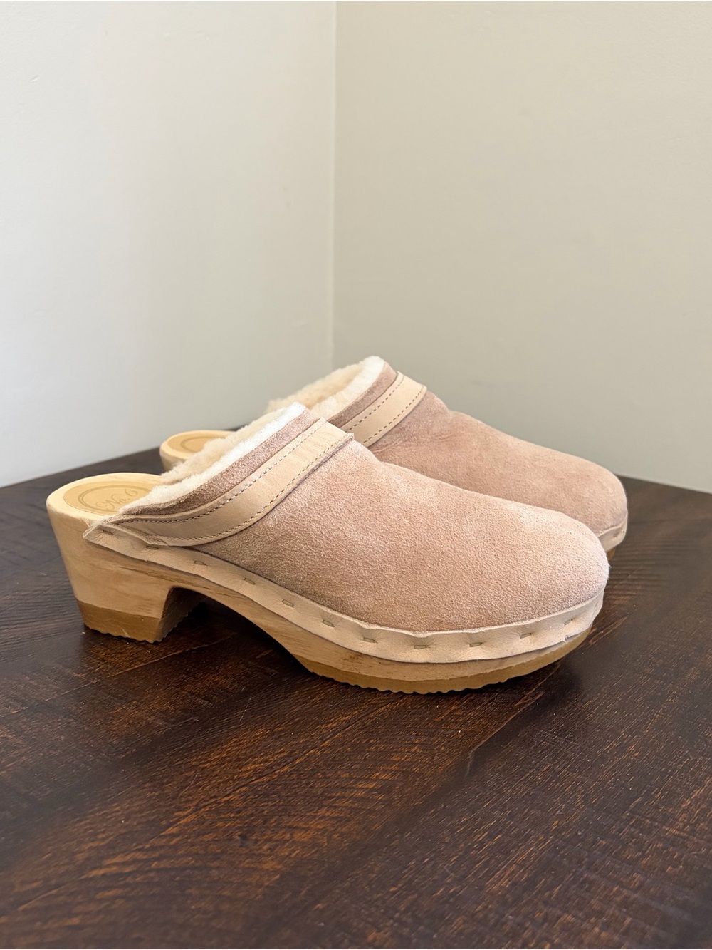 No. 6 Dakota Shearling Clogs Mid Heel Fawn Suede - Picture 5 of 13